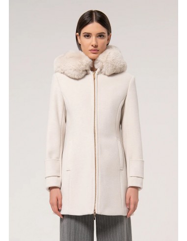 Manteau Fracomina capuche fausse fourrure Cream pas cher 